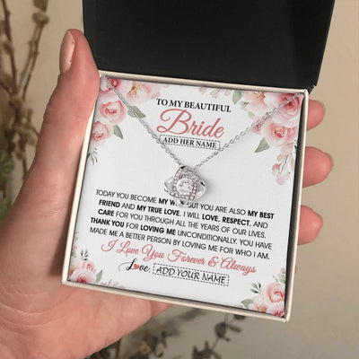 Love Knot Necklace 14K White Gold Finish | 2 | Personalized To My Bride Necklace Gift From Groom Wedding Day My True Love Romantic Groom To Bride Jewelry Gifts Meaningful Custom Gift Box Message Card | https://siriusteestore.