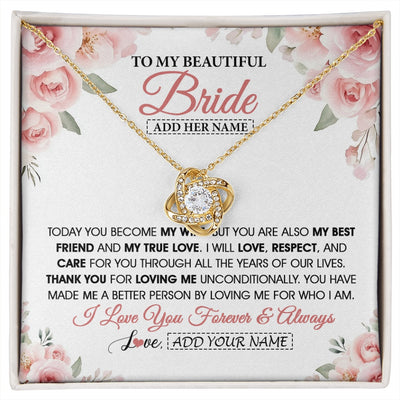 Love Knot Necklace 18K Yellow Gold Finish | 1 | Personalized To My Bride Necklace Gift From Groom Wedding Day My True Love Romantic Groom To Bride Jewelry Gifts Meaningful Custom Gift Box Message Card | https://siriusteestore.