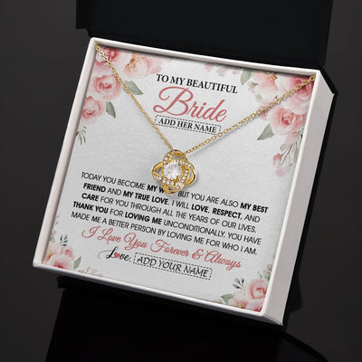 Love Knot Necklace 18K Yellow Gold Finish | 2 | Personalized To My Bride Necklace Gift From Groom Wedding Day My True Love Romantic Groom To Bride Jewelry Gifts Meaningful Custom Gift Box Message Card | https://siriusteestore.