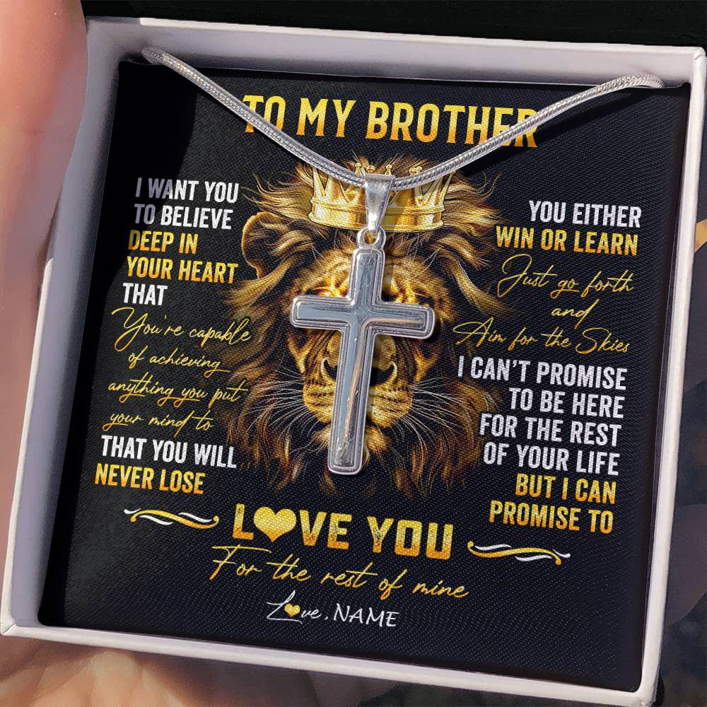 Stainless Cross Necklace Stainless Steel | 2 | Personalized To My Brother Necklace From Sister Father You Will Never Lose Lion Brother Birthday Graduation Christmas Customized Gift Box Message Card | siriusteestore
