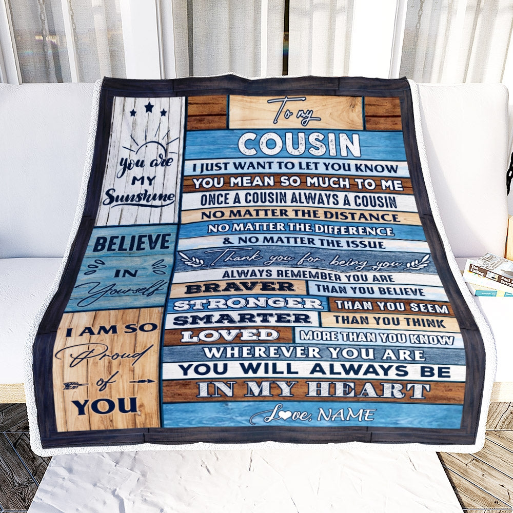 Personalized To My Cousin Blanket From Famaly Wood You Will Always Be In My Heart Cousin Birthday Christmas Graduation Customized Bed Fleece Throw Blanket | siriusteestore