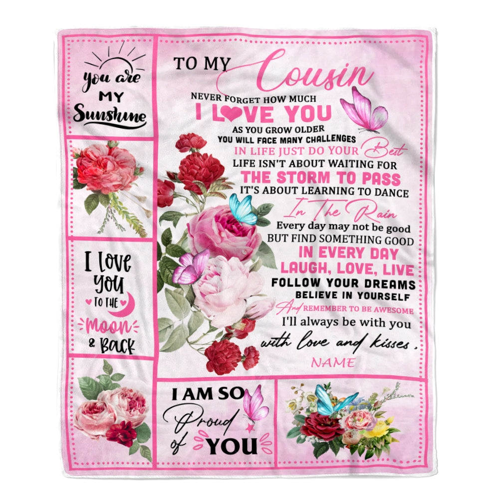 Personalized To My Cousin Blanket From Family Never Forget I Love You Pink Butterfly Cousin Birthday Christmas Customized Bed Fleece Throw Blanket | siriusteestore