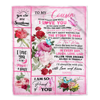 Personalized To My Cousin Blanket From Family Never Forget I Love You Pink Butterfly Cousin Birthday Christmas Customized Bed Fleece Throw Blanket | siriusteestore