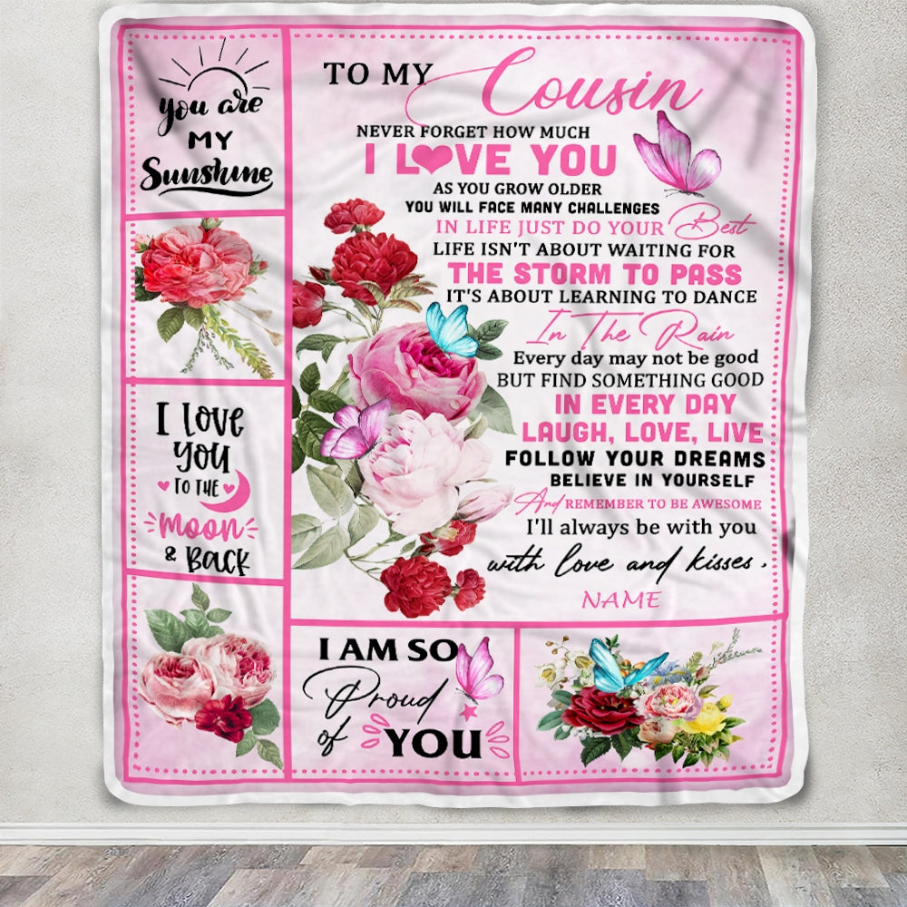 Personalized To My Cousin Blanket From Family Never Forget I Love You Pink Butterfly Cousin Birthday Christmas Customized Bed Fleece Throw Blanket | siriusteestore