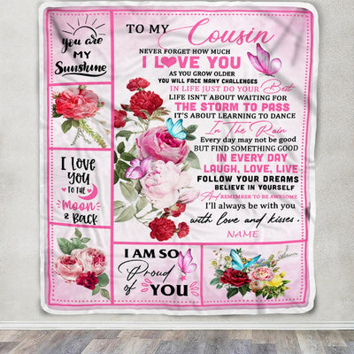 Personalized To My Cousin Blanket From Family Never Forget I Love You Pink Butterfly Cousin Birthday Christmas Customized Bed Fleece Throw Blanket | siriusteestore