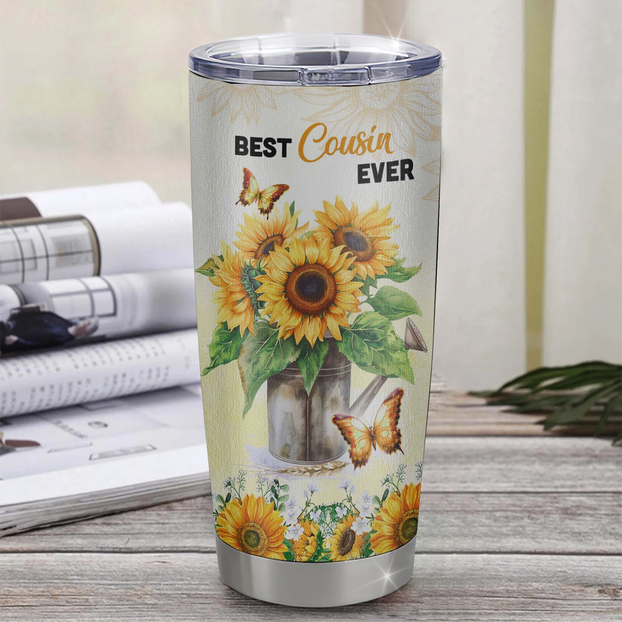 Personalized To My Cousin From Family Stainless Steel Tumbler Cup Laugh Love Live Butterfly Sunflower Cousin Birthday Graduation Christmas Travel Mug | siriusteestore
