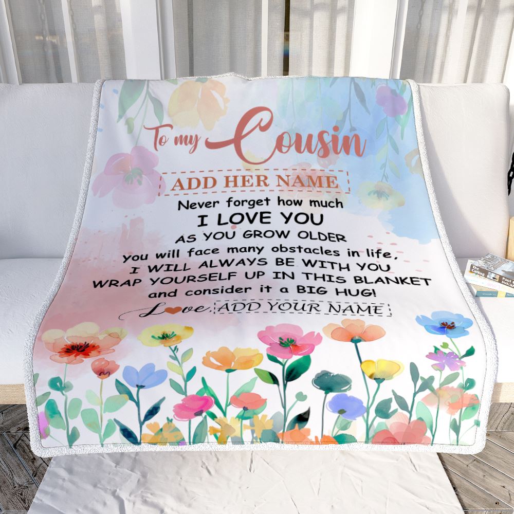 Personalized To My Cousin Gifts Blanket From Family Floral A Big Hug I Love You Cousin Birthday Gifts Graduation Christmas Customized Fleece Throw Blanket | siriusteestore