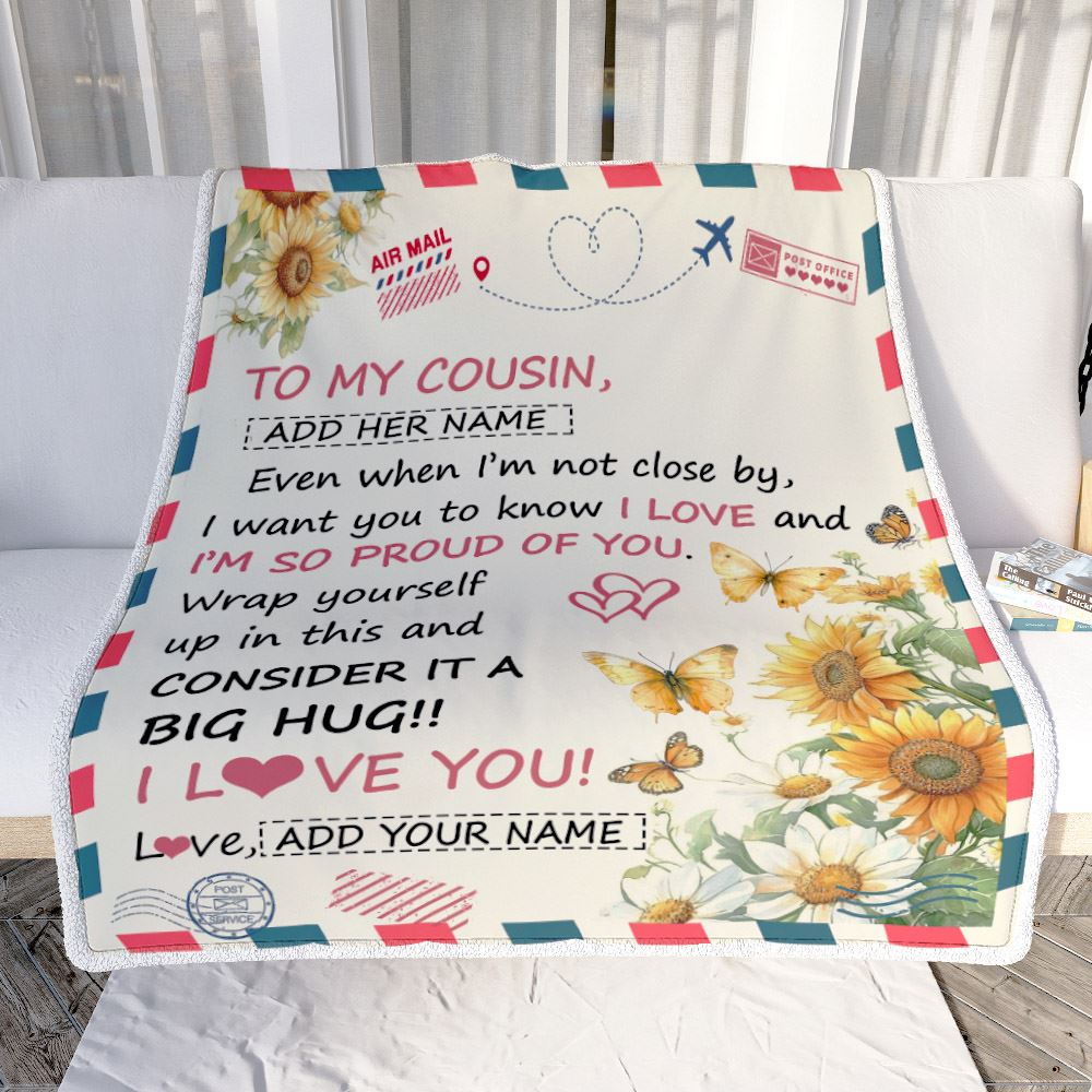 Personalized To My Cousin Gifts From Family Blanket Sunflower Letter Air Mail Birthday Graduation Gifts For Cousin Christmas Customized Fleece Throw Blanket | siriusteestore