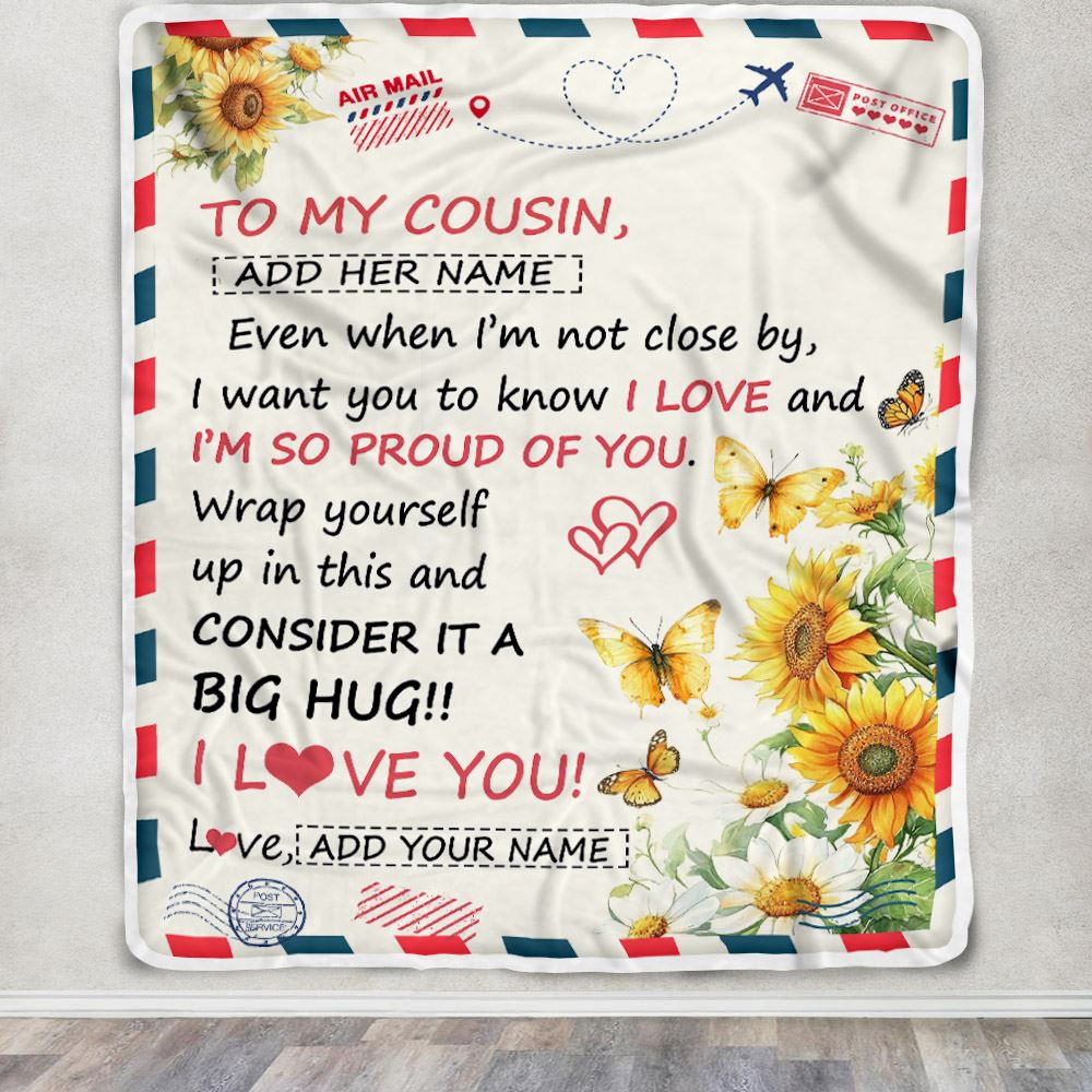 Personalized To My Cousin Gifts From Family Blanket Sunflower Letter Air Mail Birthday Graduation Gifts For Cousin Christmas Customized Fleece Throw Blanket | siriusteestore
