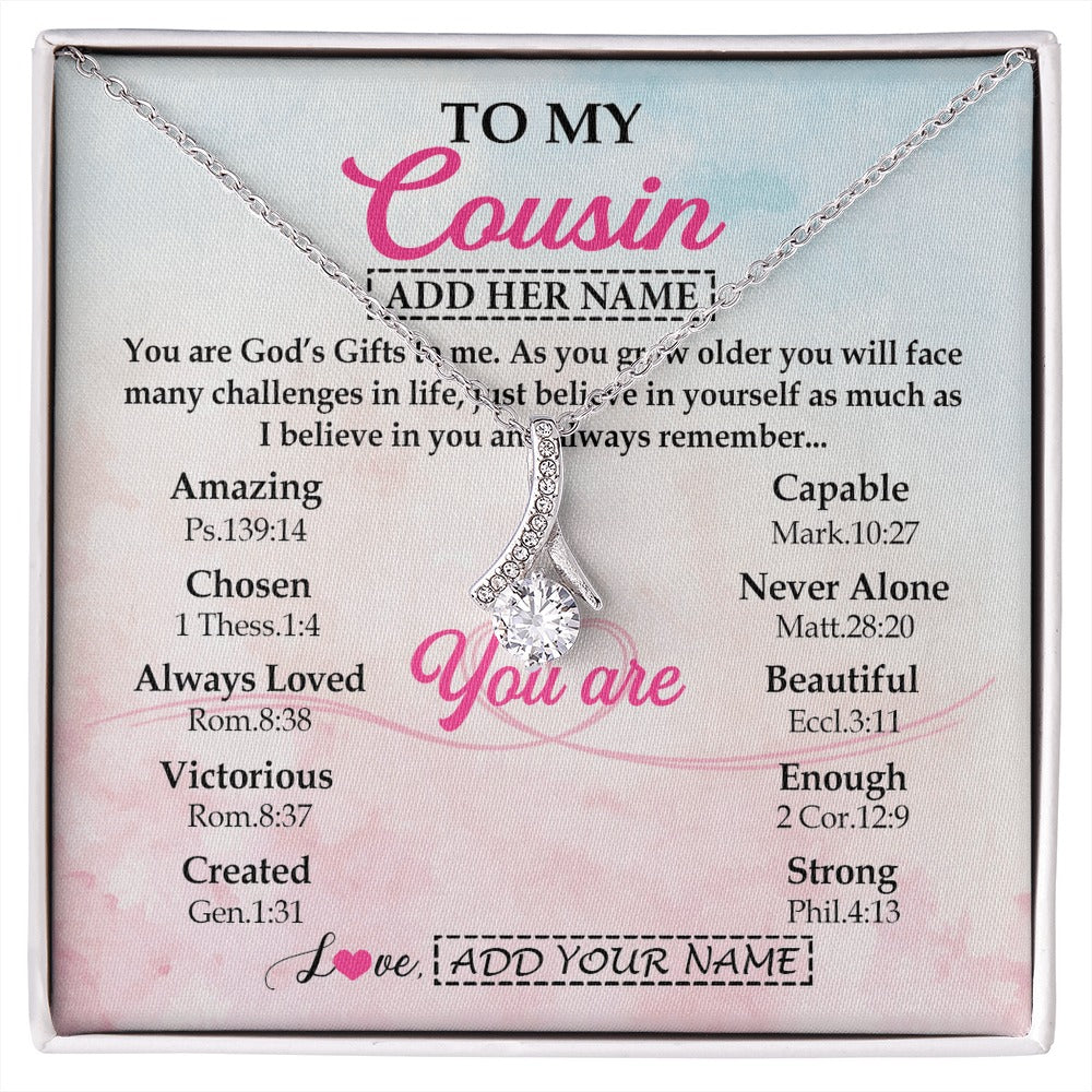 Alluring Beauty Necklace 14K White Gold Finish | 1 | Personalized To My Cousin Gifts Necklace From Family Christian Religious Jewelry Gifts For Cousin Birthday Graduation Christmas Custom Gift Box Message Card | https://siriusteestore.