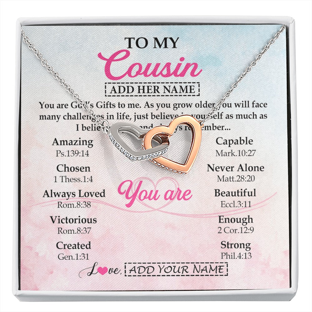 Interlocking Hearts Necklace Stainless Steel & Rose Gold Finish | 1 | Personalized To My Cousin Gifts Necklace From Family Christian Religious Jewelry Gifts For Cousin Birthday Graduation Christmas Custom Gift Box Message Card | https://siriusteestore.