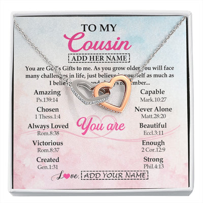 Interlocking Hearts Necklace Stainless Steel & Rose Gold Finish | 1 | Personalized To My Cousin Gifts Necklace From Family Christian Religious Jewelry Gifts For Cousin Birthday Graduation Christmas Custom Gift Box Message Card | https://siriusteestore.