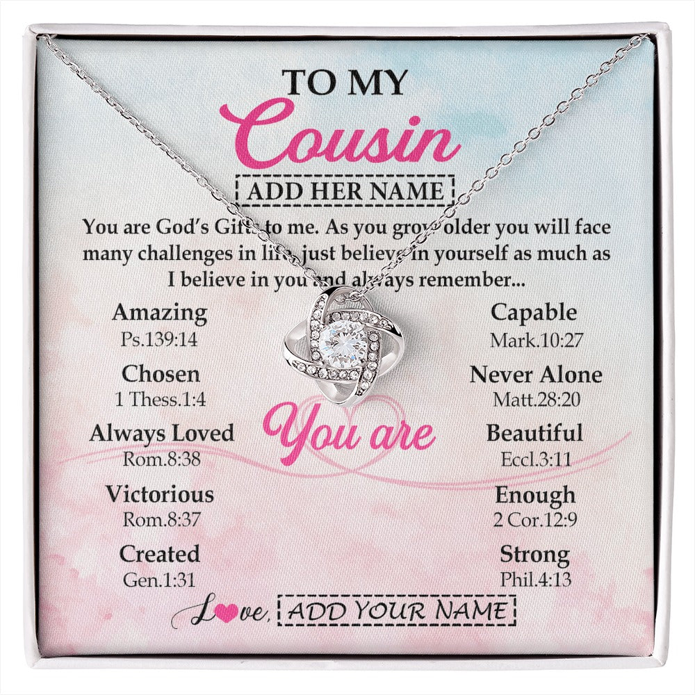 Love Knot Necklace 14K White Gold Finish | 1 | Personalized To My Cousin Gifts Necklace From Family Christian Religious Jewelry Gifts For Cousin Birthday Graduation Christmas Custom Gift Box Message Card | https://siriusteestore.