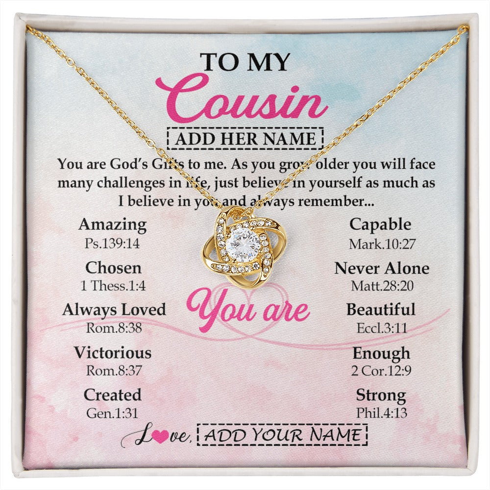 Love Knot Necklace 18K Yellow Gold Finish | 1 | Personalized To My Cousin Gifts Necklace From Family Christian Religious Jewelry Gifts For Cousin Birthday Graduation Christmas Custom Gift Box Message Card | https://siriusteestore.