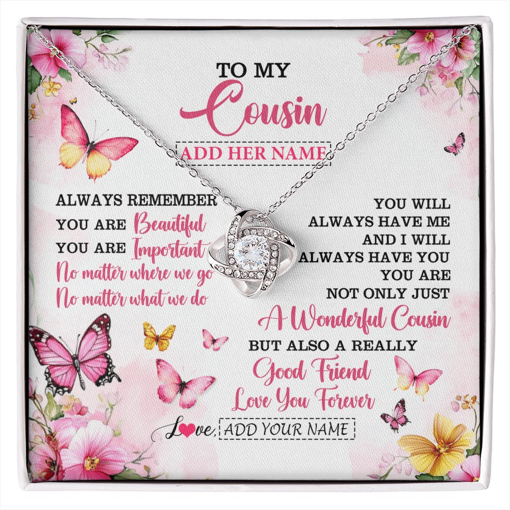 Love Knot Necklace 14K White Gold Finish | 1 | Personalized To My Cousin Gifts Necklace From Family You Are Beautiful Birthday Gifts For Cousin Graduation Christmas Custom Gift Box Message Card | https://siriusteestore.