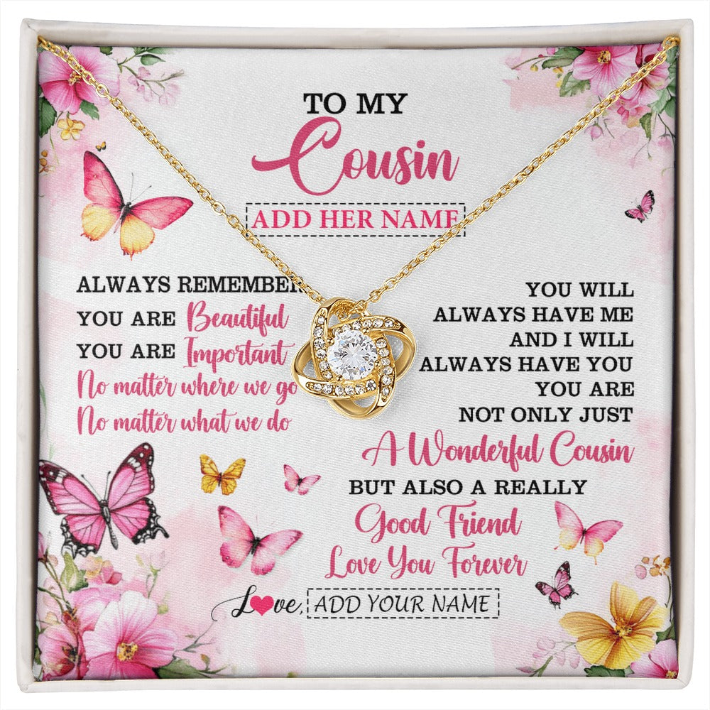 Love Knot Necklace 18K Yellow Gold Finish | 1 | Personalized To My Cousin Gifts Necklace From Family You Are Beautiful Birthday Gifts For Cousin Graduation Christmas Custom Gift Box Message Card | https://siriusteestore.