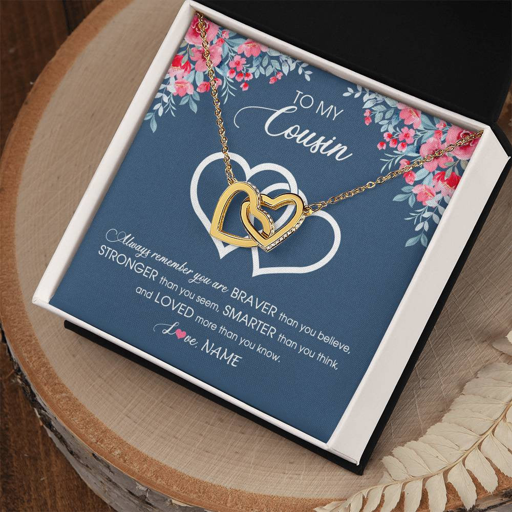 Interlocking Hearts Necklace 18K Yellow Gold Finish | Personalized To My Cousin Necklace From Family Braver Stronger Smarter Loved Cousin Pendant Jewelry Birthday Graduation Christmas Customized Message Card | siriusteestore