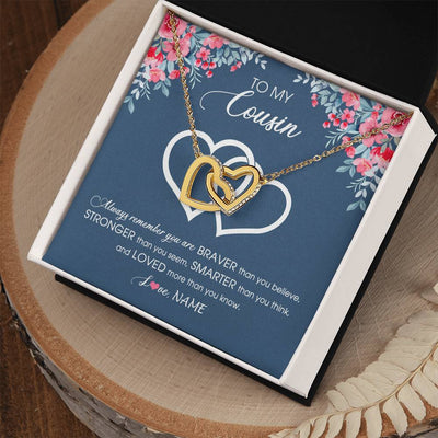 Interlocking Hearts Necklace 18K Yellow Gold Finish | Personalized To My Cousin Necklace From Family Braver Stronger Smarter Loved Cousin Pendant Jewelry Birthday Graduation Christmas Customized Message Card | siriusteestore