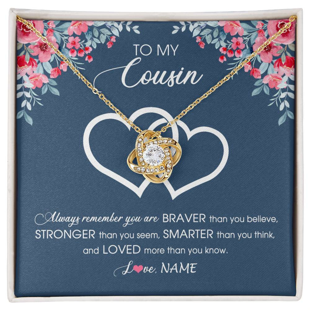 Love Knot Necklace 18K Yellow Gold Finish | Personalized To My Cousin Necklace From Family Braver Stronger Smarter Loved Cousin Pendant Jewelry Birthday Graduation Christmas Customized Message Card | siriusteestore