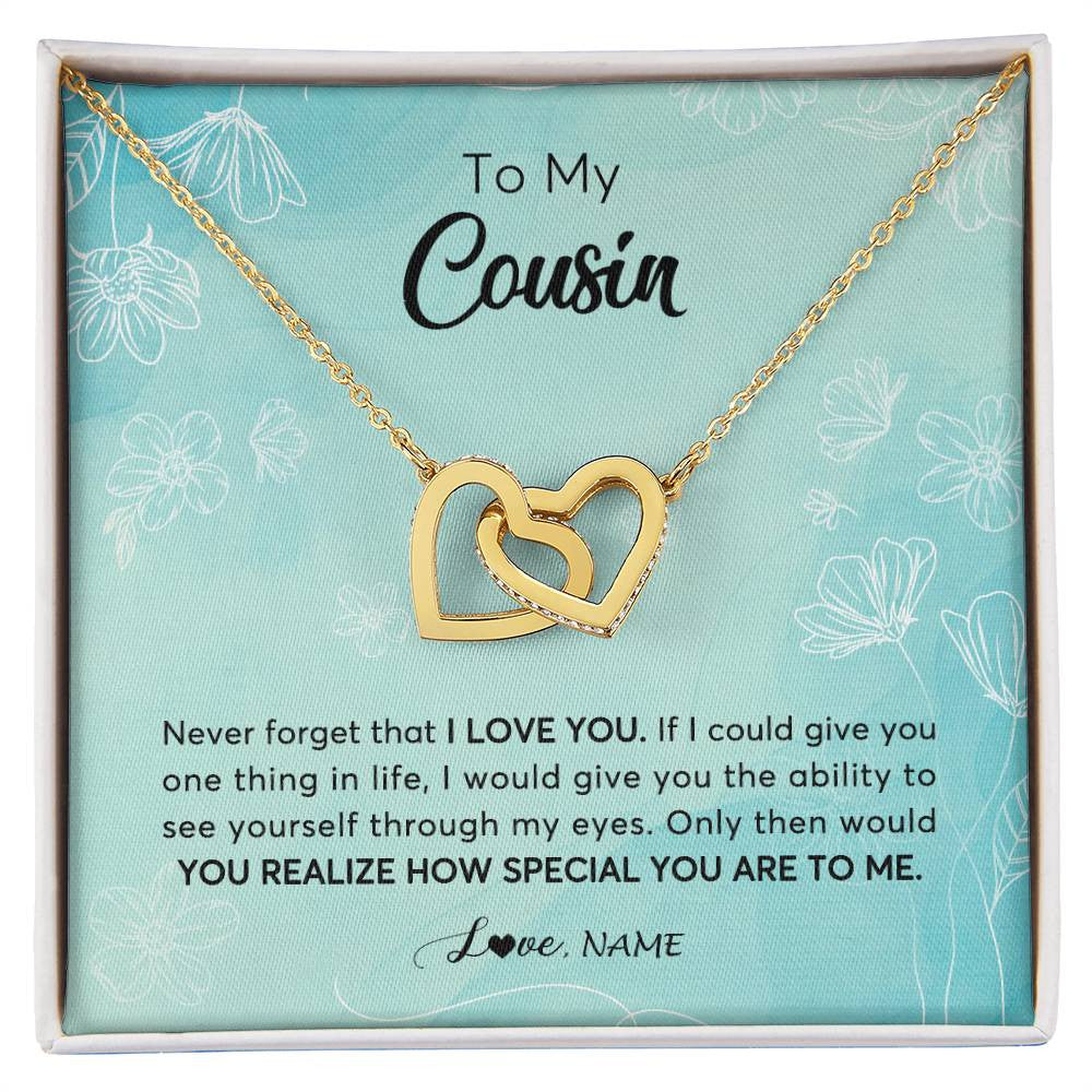 Interlocking Hearts Necklace 18K Yellow Gold Finish | 1 | Personalized To My Cousin Necklace From Family Flower Never Forget I Love You Cousin Jewelry Graduation Birthday Christmas Customized Gift Box Message Card | siriusteestore