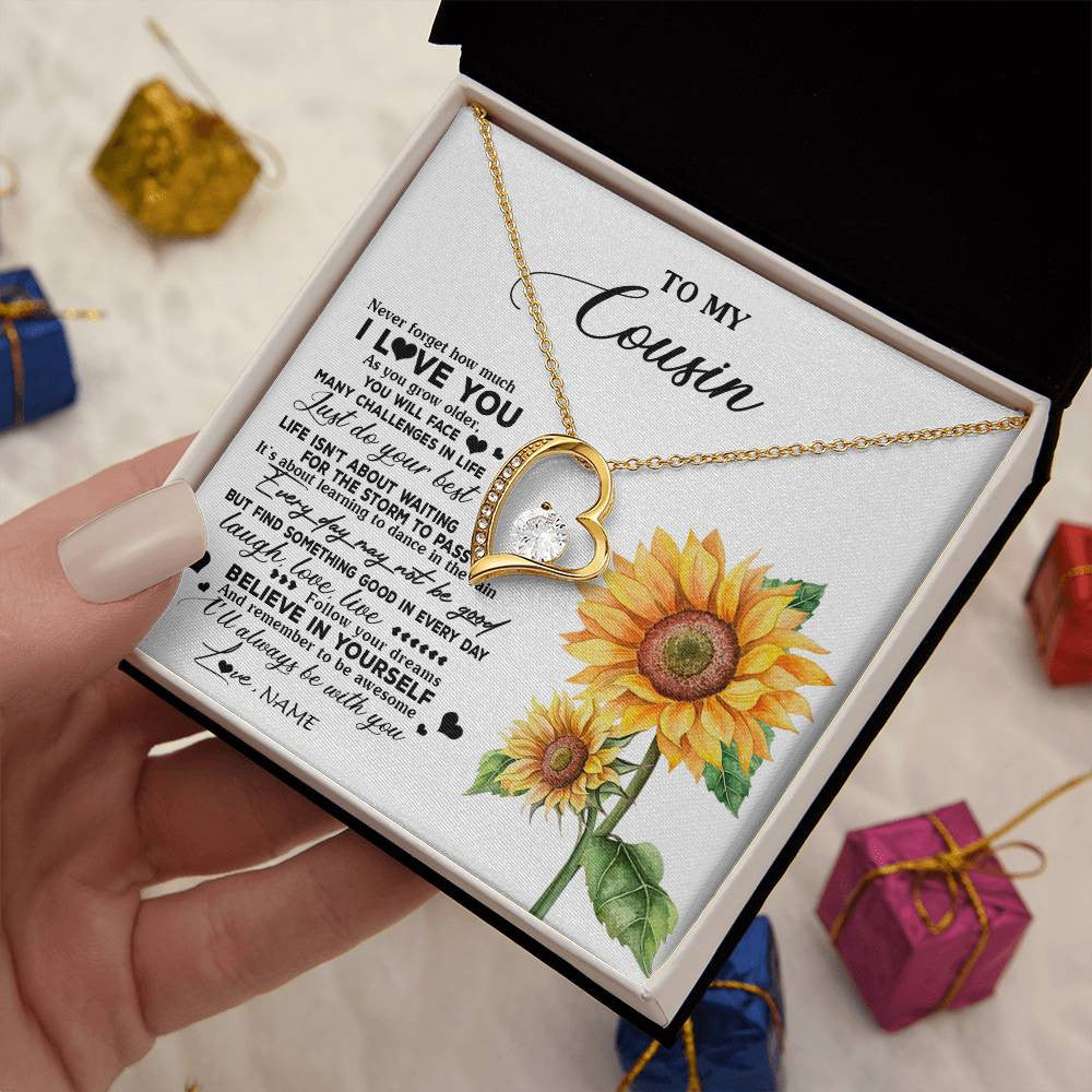 Forever Love Necklace 18K Yellow Gold Finish | 2 | Personalized To My Cousin Necklace From Family Sunflower Wood Laugh Love Live Cousin Birthday Graduation Christmas Customized Gift Box Message Card | siriusteestore