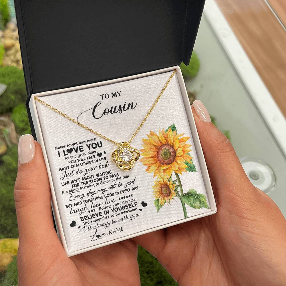 Love Knot Necklace 18K Yellow Gold Finish | 2 | Personalized To My Cousin Necklace From Family Sunflower Wood Laugh Love Live Cousin Birthday Graduation Christmas Customized Gift Box Message Card | siriusteestore