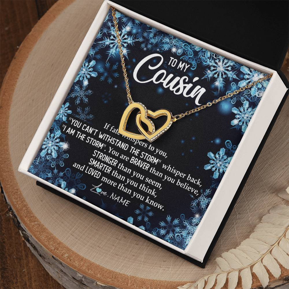 Interlocking Hearts Necklace 18K Yellow Gold Finish | Personalized To My Cousin Necklace From Family Whisper Back I Am The Storm Cousin Pendant Jewelry Birthday Graduation Christmas Customized Message Card | siriusteestore
