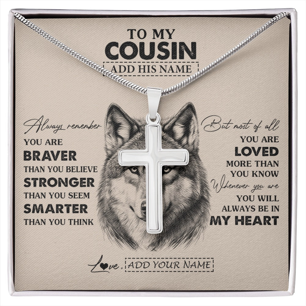 Stainless Cross Necklace Stainless Steel | 1 | Personalized To My Cousin Necklace From Family Wolf Braver Stronger Smarter Cousin Birthday Graduation Christmas Customized Gift Box Message Card | siriusteestore.myshopify