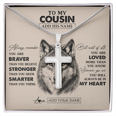 Stainless Cross Necklace Stainless Steel | 1 | Personalized To My Cousin Necklace From Family Wolf Braver Stronger Smarter Cousin Birthday Graduation Christmas Customized Gift Box Message Card | siriusteestore.myshopify