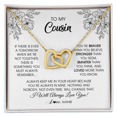 Interlocking Hearts Necklace 18K Yellow Gold Finish | Personalized To My Cousin Necklace From Family You're Braver Stronger Smarter Cousin Birthday Christmas Customized Jewelry Gift Box Message Card | siriusteestore