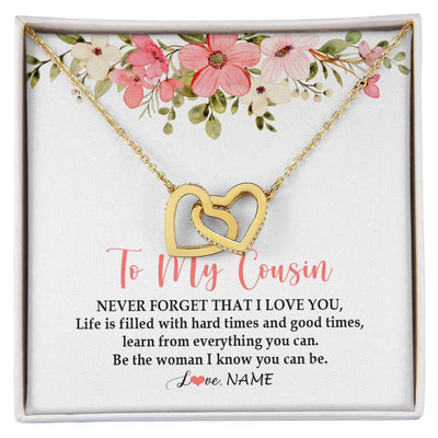 Interlocking Hearts Necklace 18K Yellow Gold Finish | Personalized To My Cousin Necklace Never Forget That I Love You Cousin Pendant Jewelry Birthday Graduation Christmas CCustomized Gift Box Message Card | siriusteestore