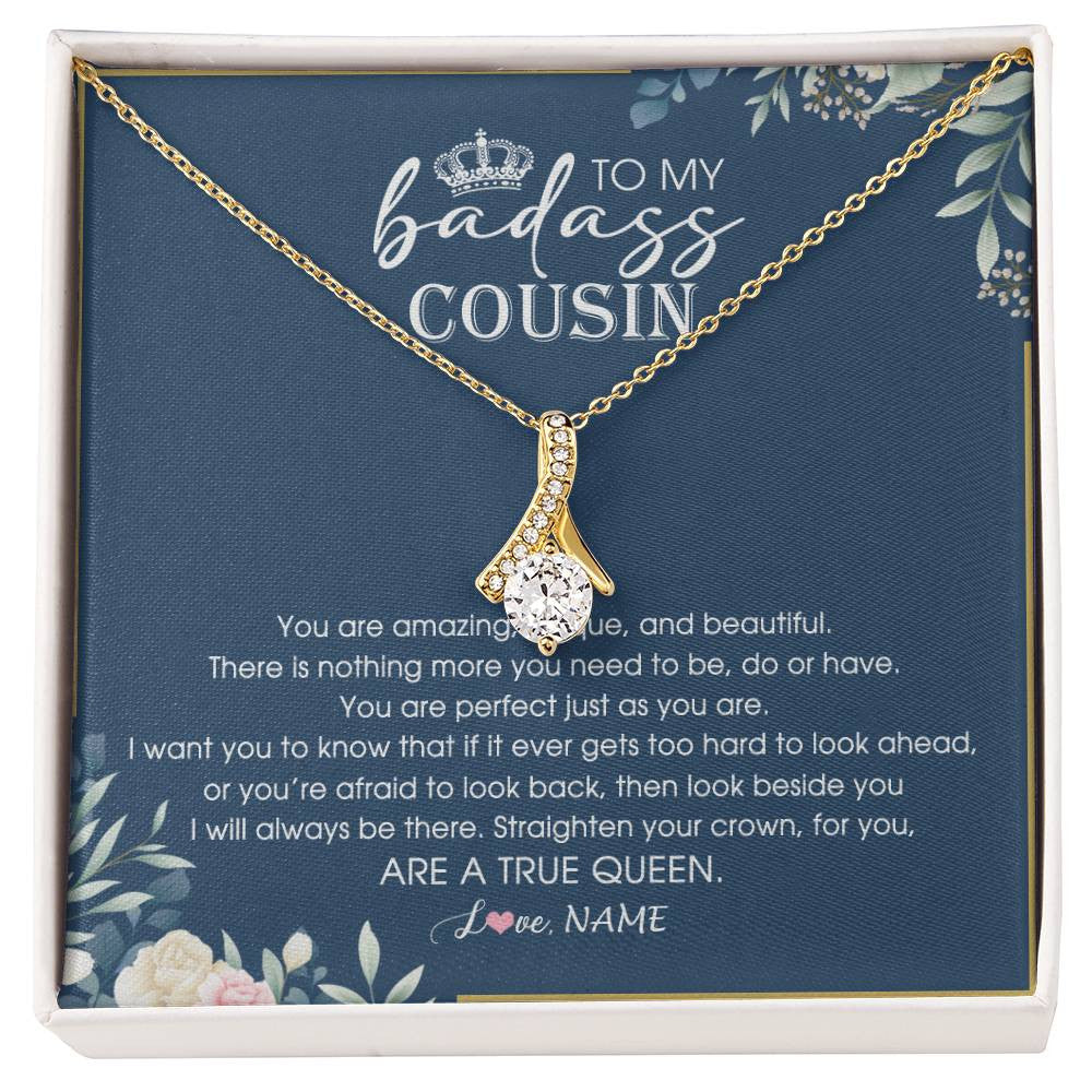 Alluring Beauty Necklace 18K Yellow Gold Finish | 1 | Personalized To My Cousin Necklace Straighten Your Crown Cousin Queen Pendant Jewelry Birthday Graduation Christmas Customized Gift Box Message Card | siriusteestore