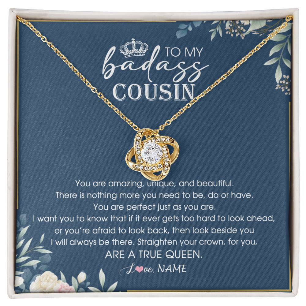 Love Knot Necklace 18K Yellow Gold Finish | 1 | Personalized To My Cousin Necklace Straighten Your Crown Cousin Queen Pendant Jewelry Birthday Graduation Christmas Customized Gift Box Message Card | siriusteestore