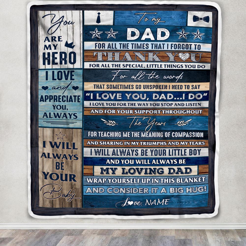 Personalized To My Dad Blanket From Son Wood Thank You You Are My Hero Dad Birthday Fathers Day Thanksgiving Christmas Customized Bed Fleece Blanket | siriusteestore