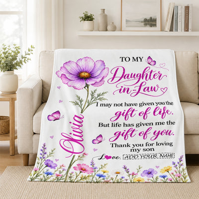 Personalized To My Daughter-In-Law Birthday Blanket Thank You For Loving My Son Floral Daughter-In-Law Gift From Mother In Law Customized Fleece Throw Blanket | siriusteestore