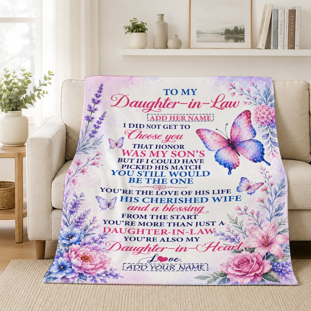 Personalized To My Daughter-In-Law Gifts From Mother-In-Law Blanket Lavender Blue Butterfly Birthday Presents Wedding Anniversary Christmas Fleece Blanket | siriusteestore