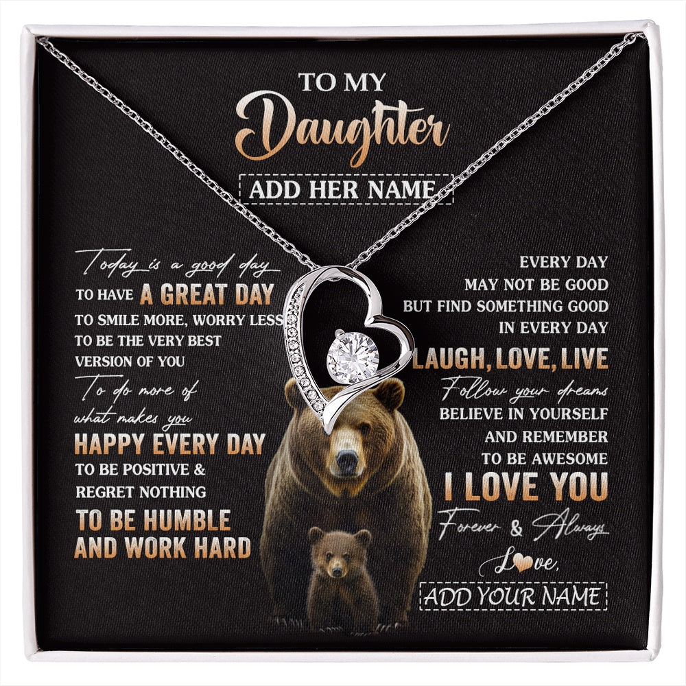 Forever Love Necklace 14K White Gold Finish | 1 | Personalized To My Daughter Bear Necklace From Mom Dad Every Day Laugh Love Live Daughter Birthday Gifts Graduation Christmas Custom Gift Box Message Card | https://siriusteestore.