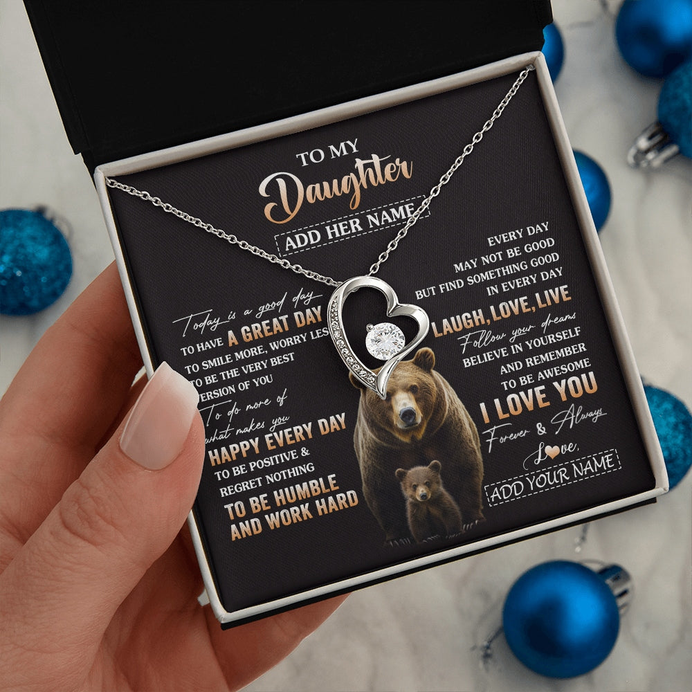 Forever Love Necklace 14K White Gold Finish | 2 | Personalized To My Daughter Bear Necklace From Mom Dad Every Day Laugh Love Live Daughter Birthday Gifts Graduation Christmas Custom Gift Box Message Card | https://siriusteestore.