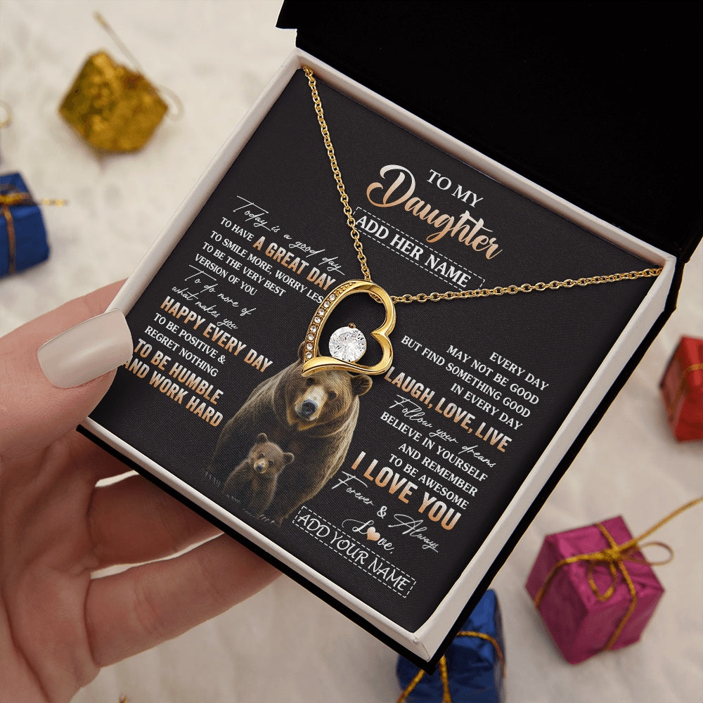 Forever Love Necklace 18K Yellow Gold Finish | 2 | Personalized To My Daughter Bear Necklace From Mom Dad Every Day Laugh Love Live Daughter Birthday Gifts Graduation Christmas Custom Gift Box Message Card | https://siriusteestore.