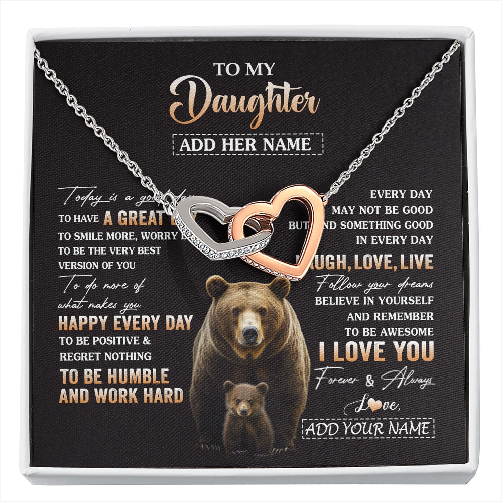 Interlocking Hearts Necklace Stainless Steel & Rose Gold Finish | 1 | Personalized To My Daughter Bear Necklace From Mom Dad Every Day Laugh Love Live Daughter Birthday Gifts Graduation Christmas Custom Gift Box Message Card | https://siriusteestore.