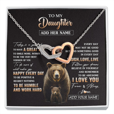 Interlocking Hearts Necklace Stainless Steel & Rose Gold Finish | 1 | Personalized To My Daughter Bear Necklace From Mom Dad Every Day Laugh Love Live Daughter Birthday Gifts Graduation Christmas Custom Gift Box Message Card | https://siriusteestore.