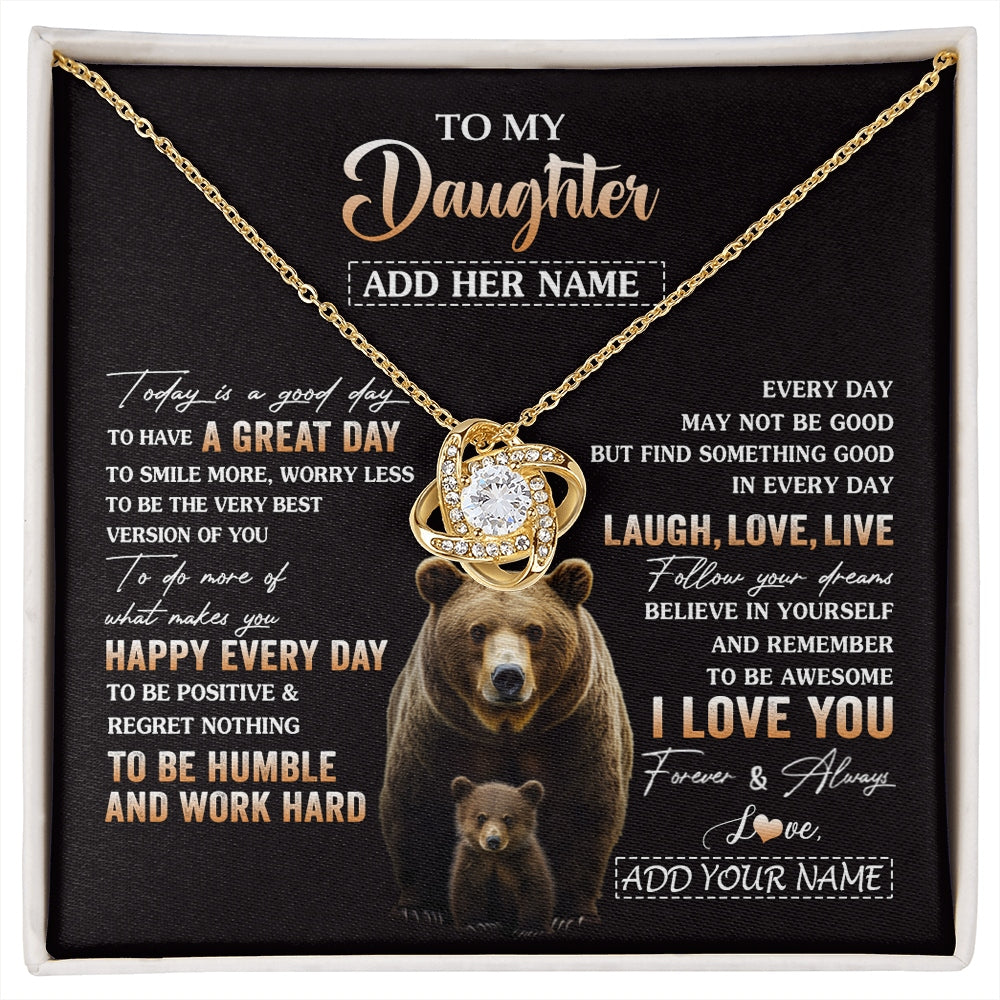 Love Knot Necklace 18K Yellow Gold Finish | 1 | Personalized To My Daughter Bear Necklace From Mom Dad Every Day Laugh Love Live Daughter Birthday Gifts Graduation Christmas Custom Gift Box Message Card | https://siriusteestore.