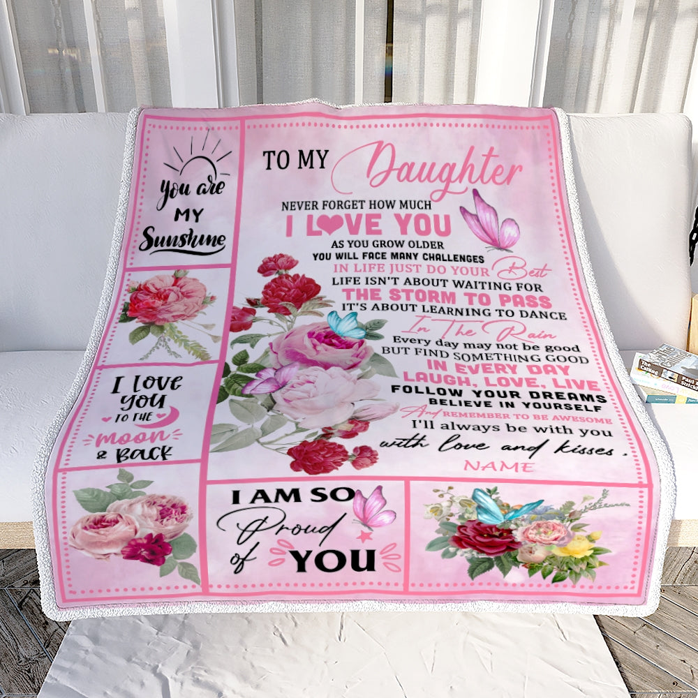 Personalized To My Daughter Blanket From Mom Dad Never Forget I Love You Pink Butterfly Daughter Birthday Christmas Customized Bed Fleece Throw Blanket | siriusteestore