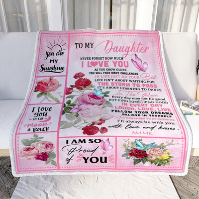 Personalized To My Daughter Blanket From Mom Dad Never Forget I Love You Pink Butterfly Daughter Birthday Christmas Customized Bed Fleece Throw Blanket | siriusteestore