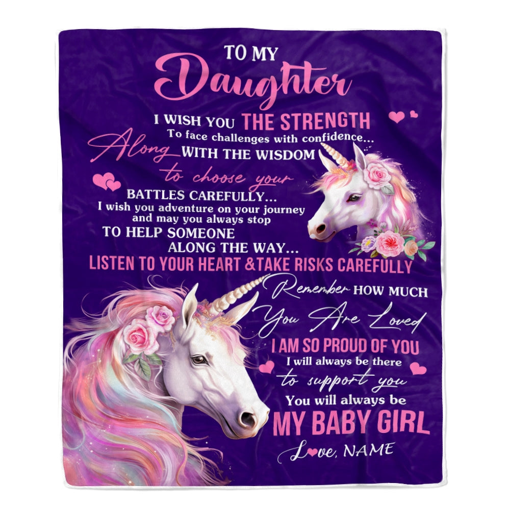 Personalized To My Daughter Blanket From Mom Mother I Wish You The Strength Unicorn Daughter Birthday Graduation Christmas Customized Fleece Blanket | siriusteestore