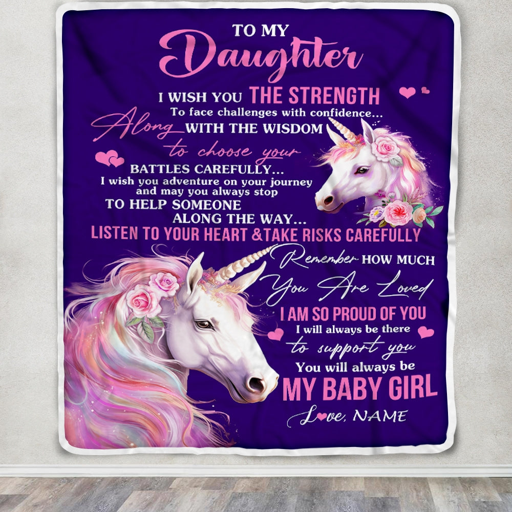 Personalized To My Daughter Blanket From Mom Mother I Wish You The Strength Unicorn Daughter Birthday Graduation Christmas Customized Fleece Blanket | siriusteestore