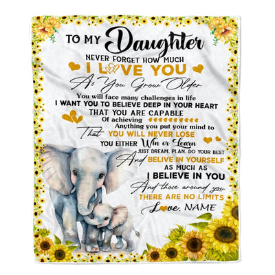 Personalized To My Daughter Blanket from Mom Mother Never Forget I Love You Sunflower Elephant Daughter Birthday Christmas Customized Bed Fleece Throw Blanket | siriusteestore