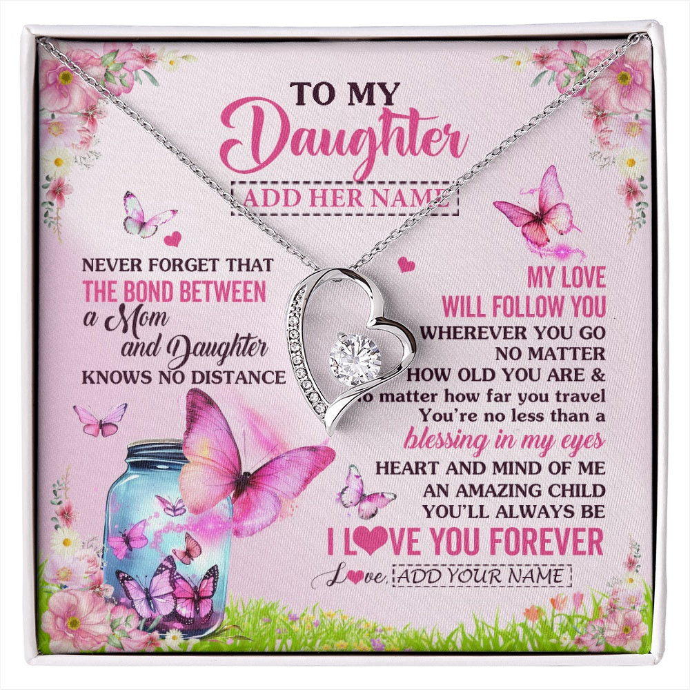 Forever Love Necklace 14K White Gold Finish | 1 | Personalized To My Daughter Butterfly Necklace From Mom Mother The Bond Between Daughter Birthday Gifts Graduation Christmas Jewelry Gift Box Message Card | https://siriusteestore.