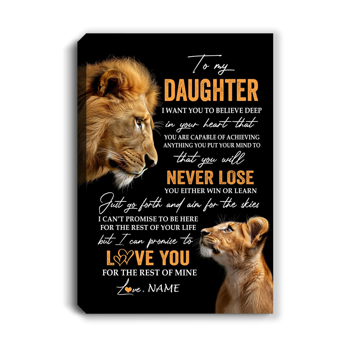 Personalized To My Daughter Canvas From Dad Father You Will Never Lose Lion Daughter Birthday Gifts Graduation Christmas Custom Wall Art Print Framed Canvas | siriusteestore