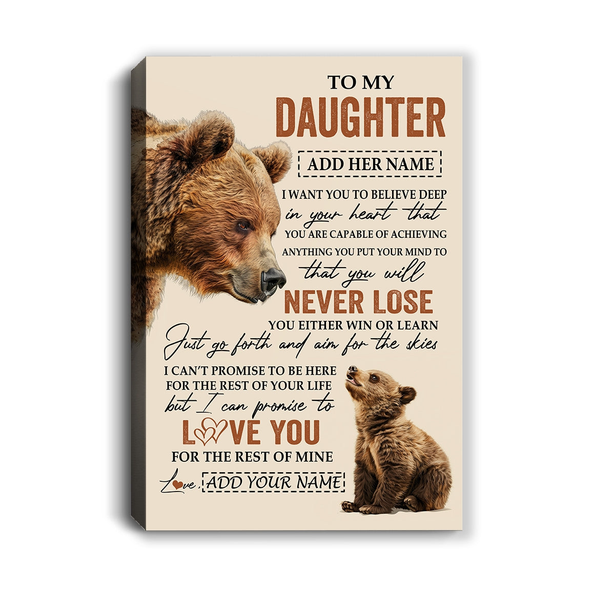 Personalized To My Daughter Canvas From Mom Dad Mother You Will Never Lose Bear Daughter Birthday Gifts Graduation Christmas Custom Wall Art Print Framed Canvas | siriusteestore